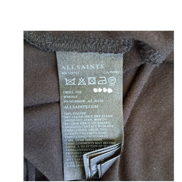 All Saints Oriel Slouchy Tee Size 8 Embellished Boat Neck Asymmetrical Black Top - Picture 8 of 12